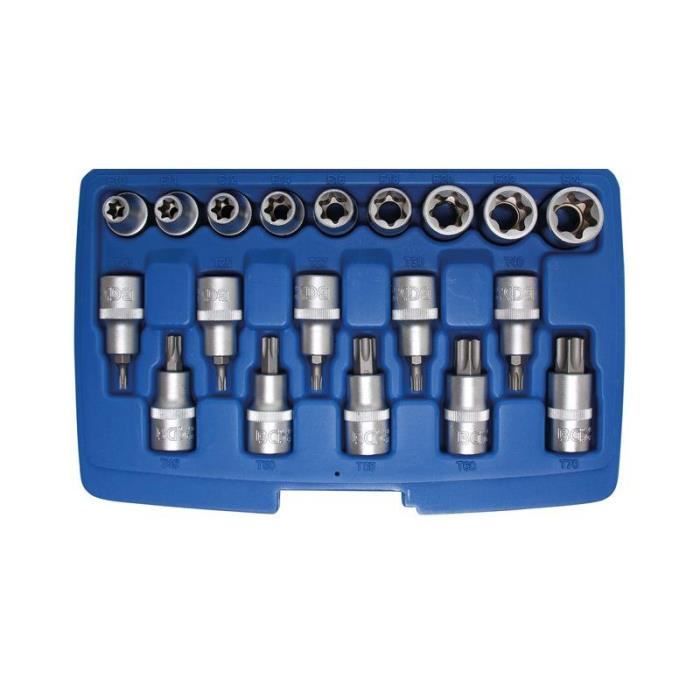 Jeu de douilles à embouts / de clé à douille 12,5 mm (1/2-) Profil E/profil T (pour Torx)/Profil E 19 pièces