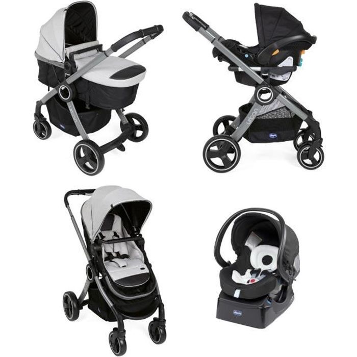 CHICCO Poussette 3 en 1 Urban Pro - Siège auto Groupe 0+ Auto-Fix Fast + Nacelle - 0-36 mois - Grey mist