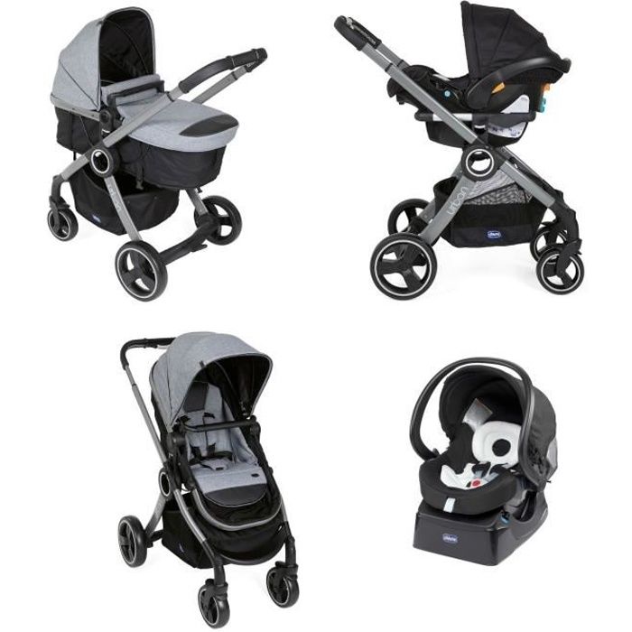 CHICCO Poussette 3 en 1 Urban Pro - Siège auto Groupe 0+ Auto-Fix Fast + Nacelle - 0-36 mois - Titanium