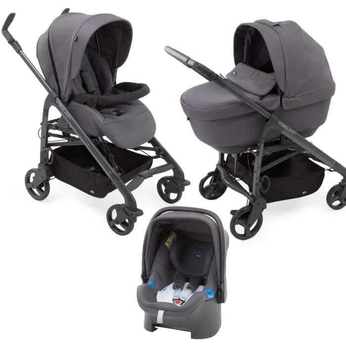 CHICCO Poussette combinée trio Love Up - Siège Auto Oasys groupe 0+ et Nacelle - 0-36 mois - Dossier inclinable - Moon Grey