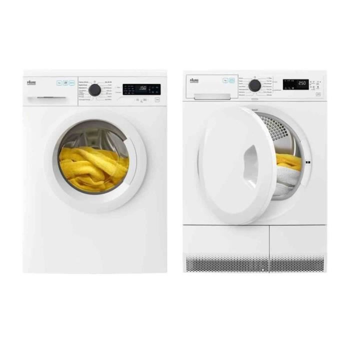 PACK FAURE Lave Linge Frontal 7kg 1400trs/min + Sèche-linge Frontal Condensation 7Kg Hublot Réversible 57,8 Blanc