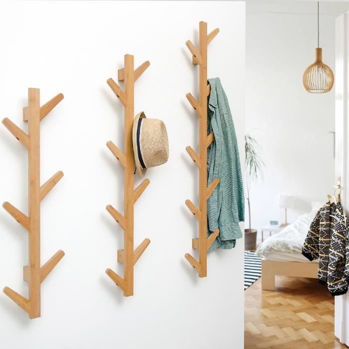 Lot de 3 Porte-Manteau Mural en Bois Bambou - Forme d'Arbres - 6 / 8 / 10 Crochets - Porte Manteau Décoratif Salon Entrée Chambre