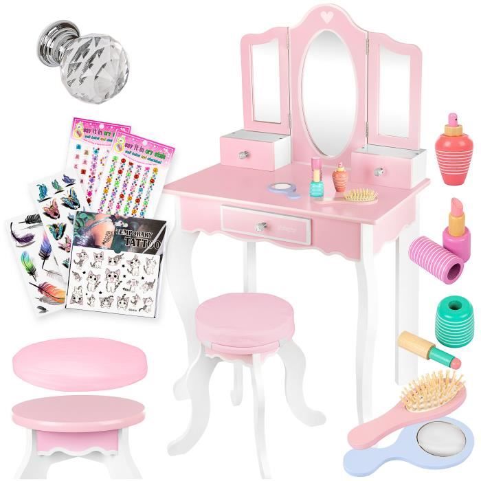 Kinderplay Grande Coiffeuse avec Miroir et Tabouret pour Filles - Table de Toilette avec Accessoires GS3300