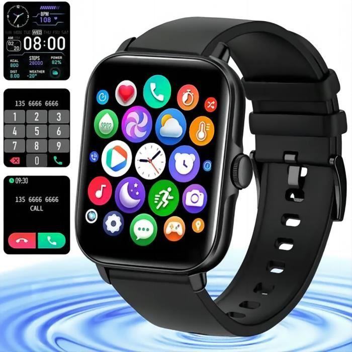 Montre Connectée Homme Femmes Intelligente Sport Etanche IP68 Smartwatch Fréquence Cardiaque pour iOS Android Téléphone, Noir