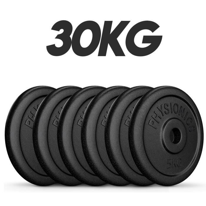 Physionics® Set de Disques de Poids - 6x5 kg, en Fonte, Ø30mm, pour Barre Longue/Courte - Ensemble de Plaques de Poids, Musculation