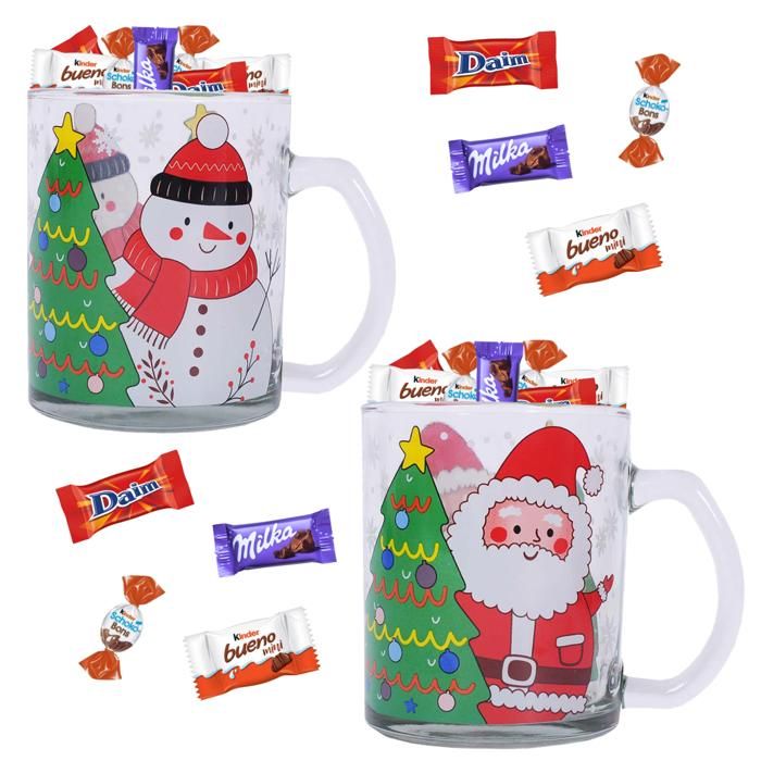2 tasses en verre Père Noël et Bonhomme de neige garnis de 25 chocolats de Noël