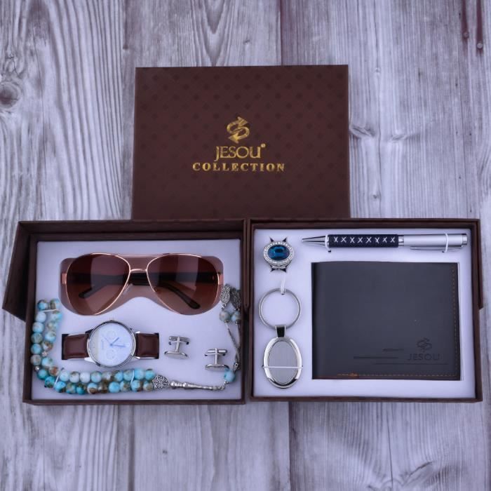 Coffret montre homme + lunettes de soleil homme + collier + boutons de manchette + porte-clés + stylo + anneau + portefeuille - luxe