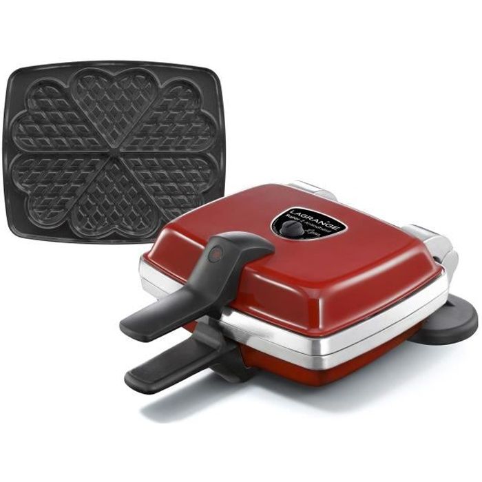 LAGRANGE Gaufrier Super 2 Antiadhésif - 1000W - 1 jeux de plaques : Gaufres cœur - Rouge