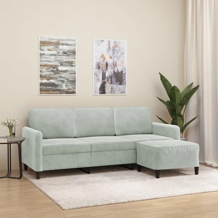 vidaXL Canapé à 3 places avec repose-pieds Gris clair 180 cm Velours 3201174