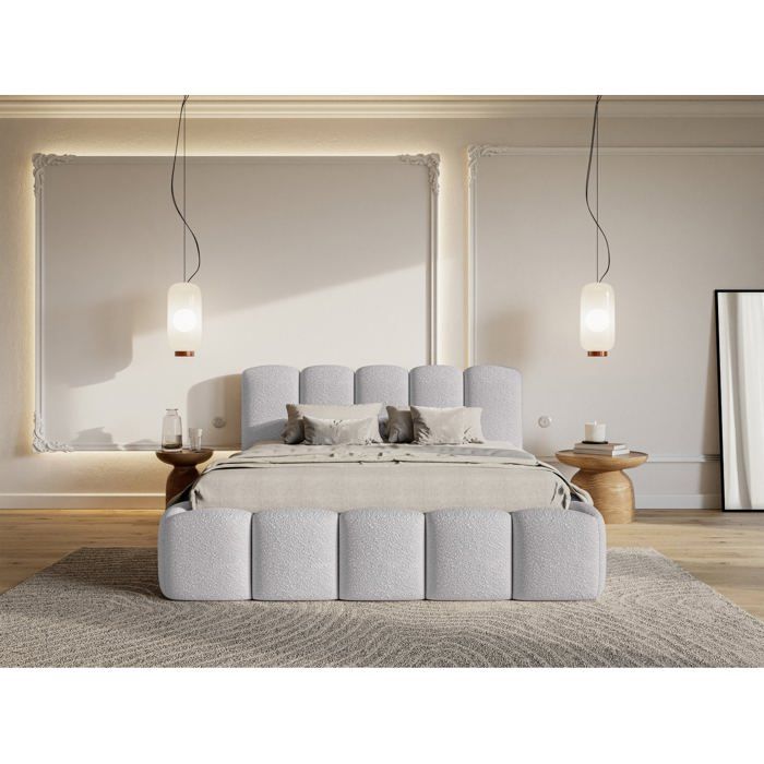Lit coffre avec tête de lit - CLOUDY II - 160x200 cm - en bouclette gris clair