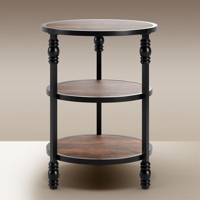 Table Basse - Vintage - Ronde - 3 Étagères - Bois Massif - Marron