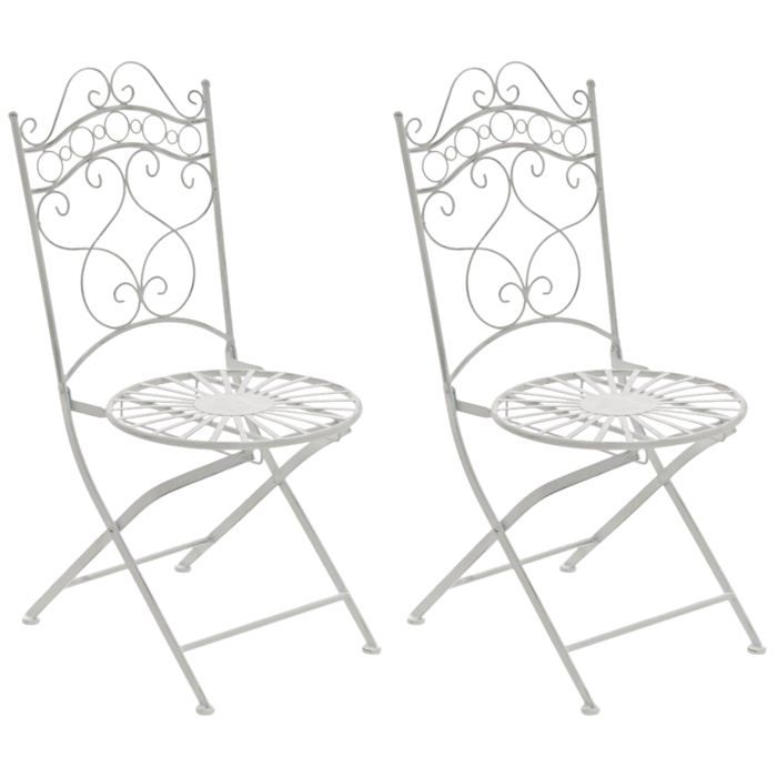 Lot de 2 chaises de jardin terrasse balcon design rustique en fer forge blanc vieilli 10_0002862