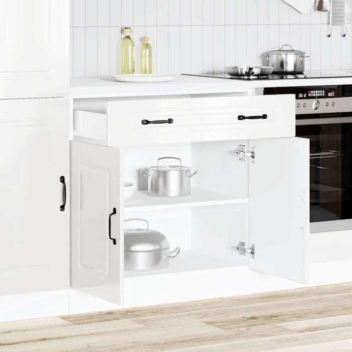 Armoire De Cuisine VidaXL Kalmar 40x46x81.5cm - Blanc Brillant - Bois Ingénierie - Avec Tiroir