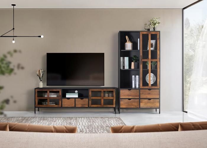 Meuble TV - Design Industriel - Métal et Bois de Manguier - 2 Portes - 2 Tiroirs - Naturel et Noir Meuble TV - Design Industriel - Métal et Bois de Manguier - 2 Portes - 2 Tiroirs - Naturel et Noir