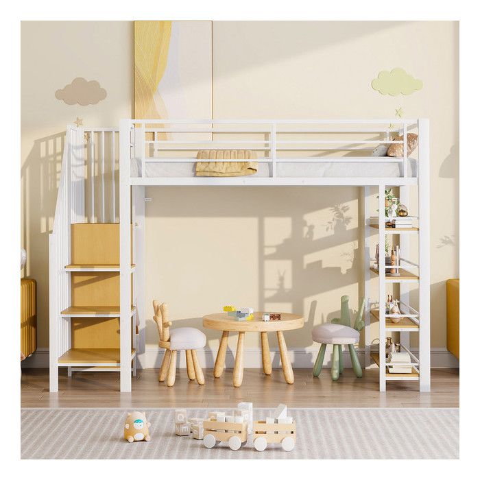 Lit mezzanine 90 x 200 cm avec petite armoire Lit enfant avec barrière haute et étagères Lit 1 Personne Lit en fer Blanc