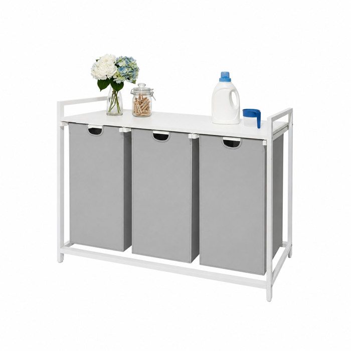 Relaxdays Panier à linge 3 sacs amovibles 150 L tablette aspect bois H x L x P : 73 5 x 109 5 x 33 cm gris/blanc