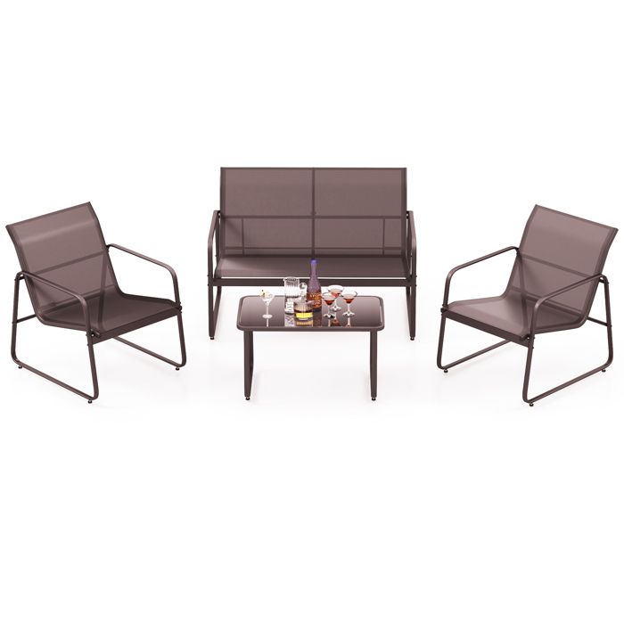 COSTWAY Ensemble Table Basse de Jardin 4PCS avec 2 Chaises et 1 Canapé Double Ensemble Meuble de Jardin en Tissu Respirant Marron COSTWAY Ensemble Table Basse de Jardin 4PCS avec 2 Chaises et 1 Canapé Double Ensemble Meuble de Jardin en Tissu Respirant Marron