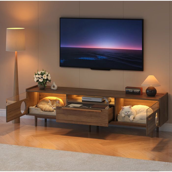 Meuble TV noyer L 180 x P 40 x H 50 cm LED intégrée 2 portes vitrée + 1 tiroir montage nécessaire