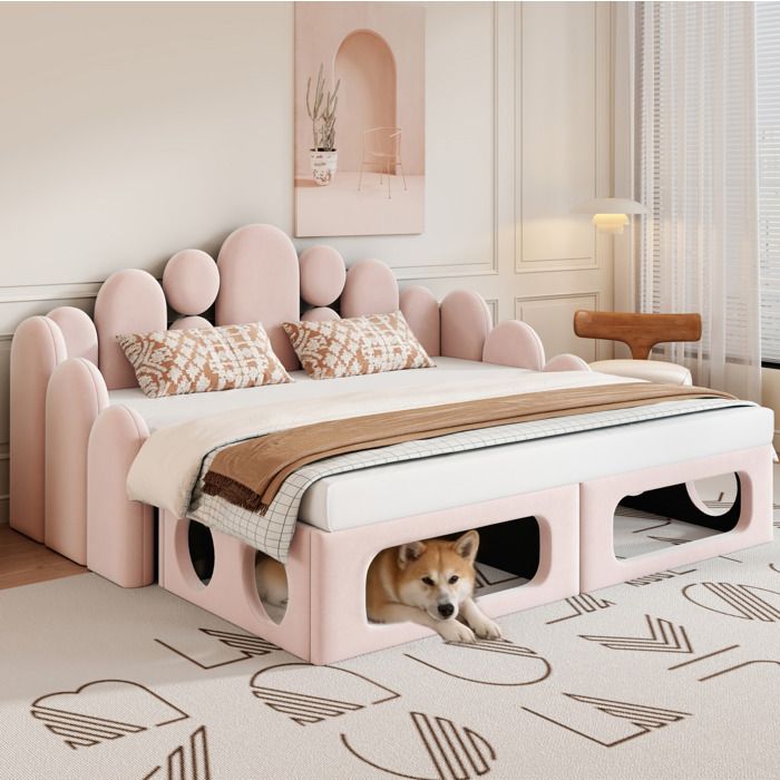 Canapé-lit rembourré rose 180 × 200 2-en-1 avec couchage animal sans matelas