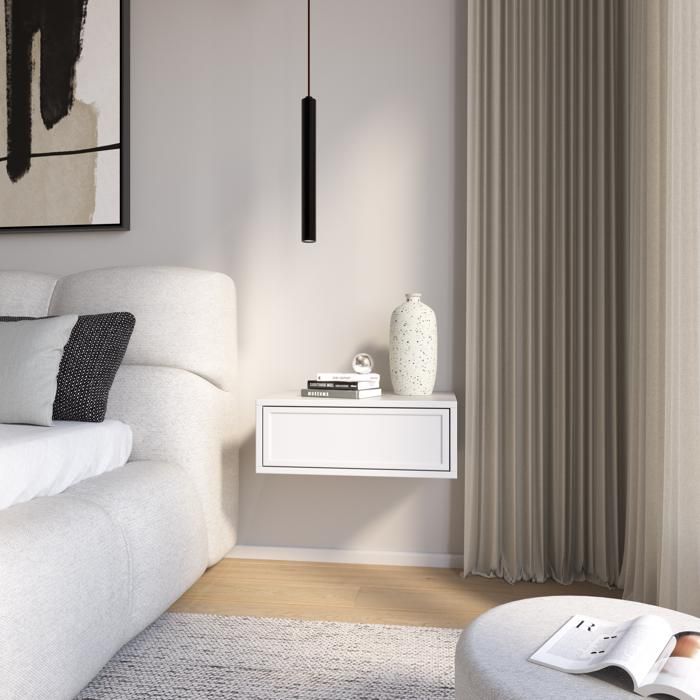 Table de chevet suspendue – avec tiroir – VELVETO – blanc – 50 cm