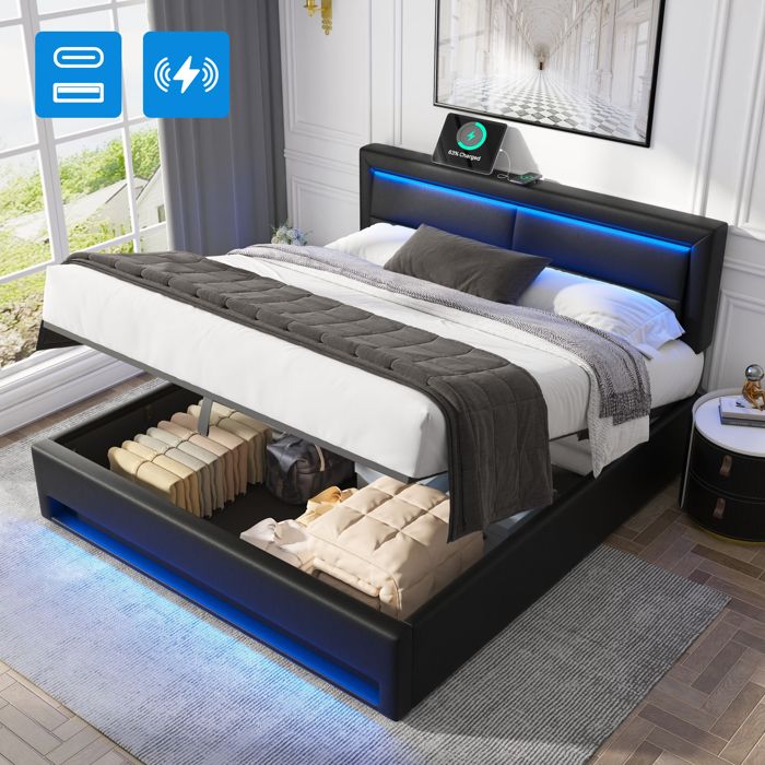 Lit rembourré multifonction - 160x200 cm - Port USB - Charge sans fil - Éclairage LED 12 couleurs