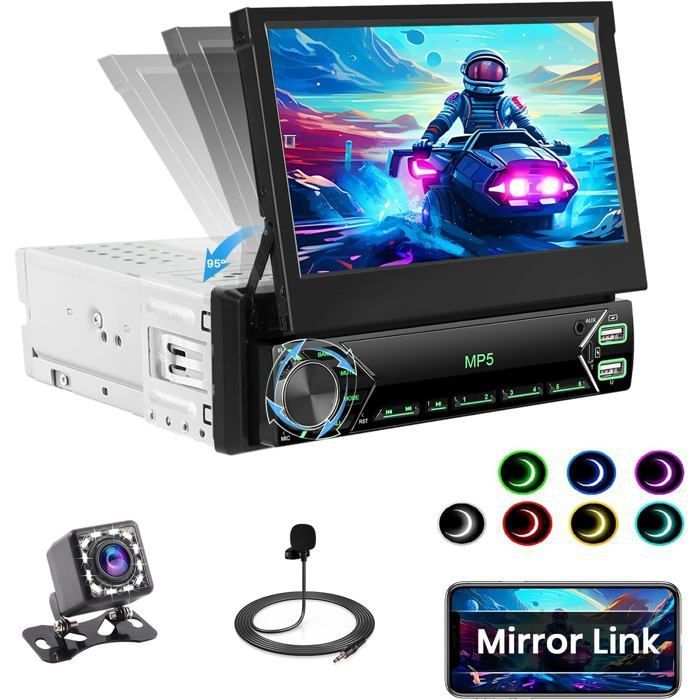 Autoradio 1 Din à écran escamotable 7 -Mirror LinkBluetoothFMUSB/Type-C/AUX commande au volantcaméra de reculmicro
