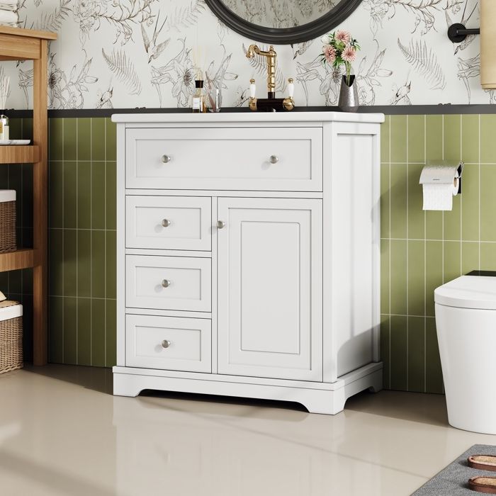 Meuble de Salle de Bain avec Lavabo Meuble sous Lavabo avec Évier en Céramique 3 Tiroirs et Portes Armoire de Rangement 76x46x87cm