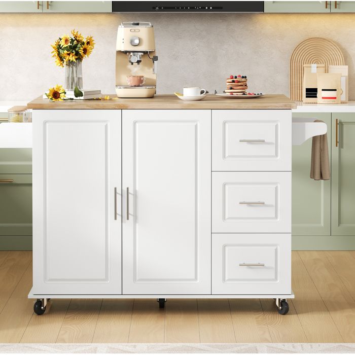Desserte de cuisine 2 portes 3 tiroirs avec plateau rabattable roulettes et porte-serviettes blanc - UVRION