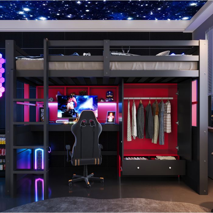 Lit mezzanine 90x200 style gaming avec bureau armoire 2 tiroirs LED prises intégrées noir rouge ORVRYN