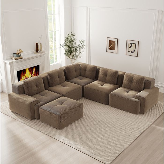Canapé dangle modulable 5 places avec ottomane assise profonde 74 cm sans montage - MEUNIQ - velours côtelé marron
