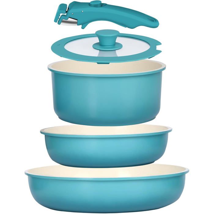 5 Pcs Set Poele Et Casserole Induction Antiadhésive En Granit Bleu[EC3]