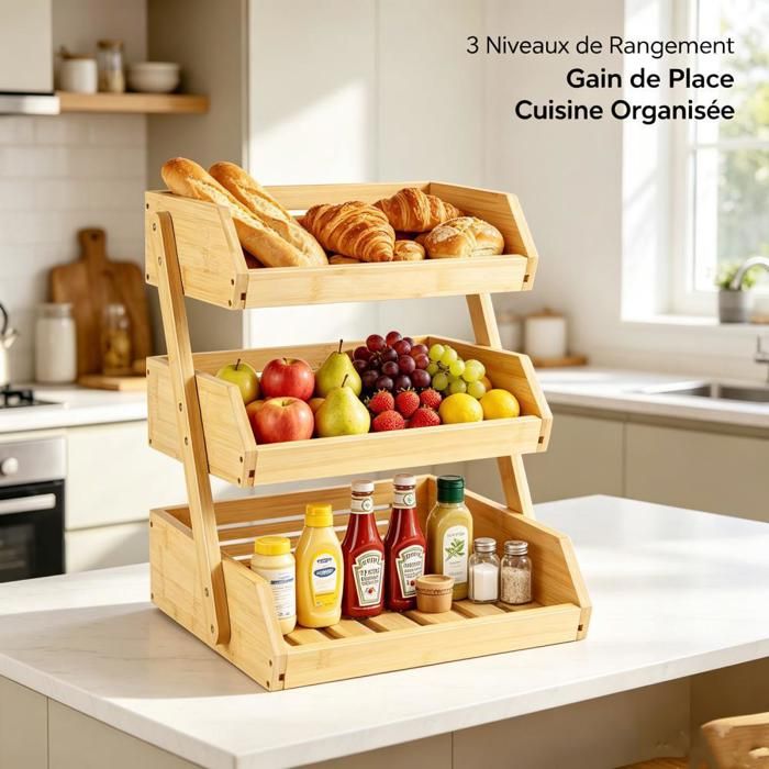 VIVOLILV Étagère de rangement 3 niveaux en bambou Panier à fruits Pour organiser fruits pains et condiments de votre cuisine