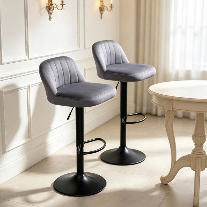 ELVORIN Tabouret de bar lot de 2 43 x 45 x 81 à 101 cm réglable en hauteur rotatif 360° dossier repose-pieds gris et noir