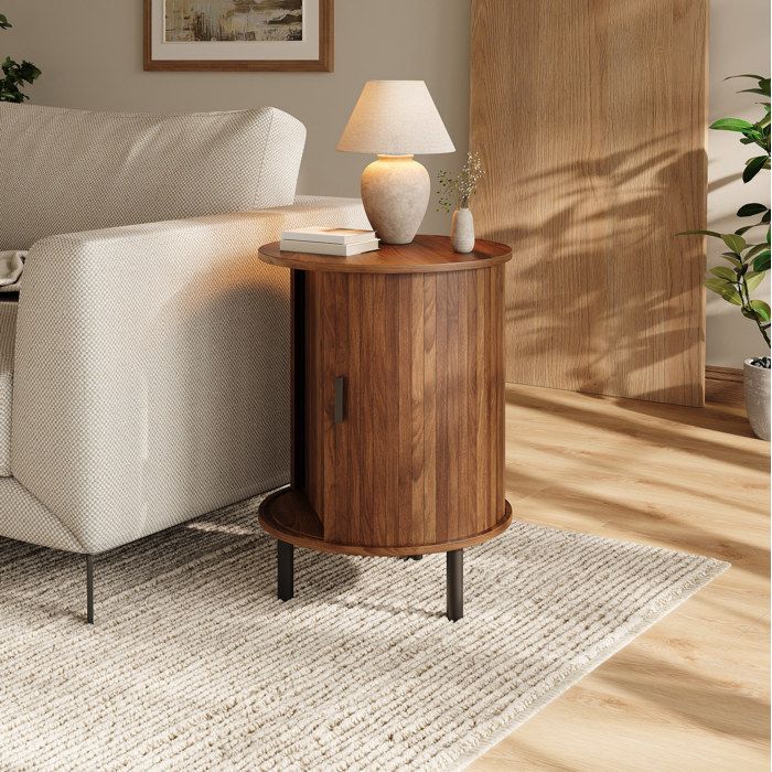 ROVRYN Table d’appoint ronde 48x48x65 cm porte coulissante rainurée pieds métal noir noyer