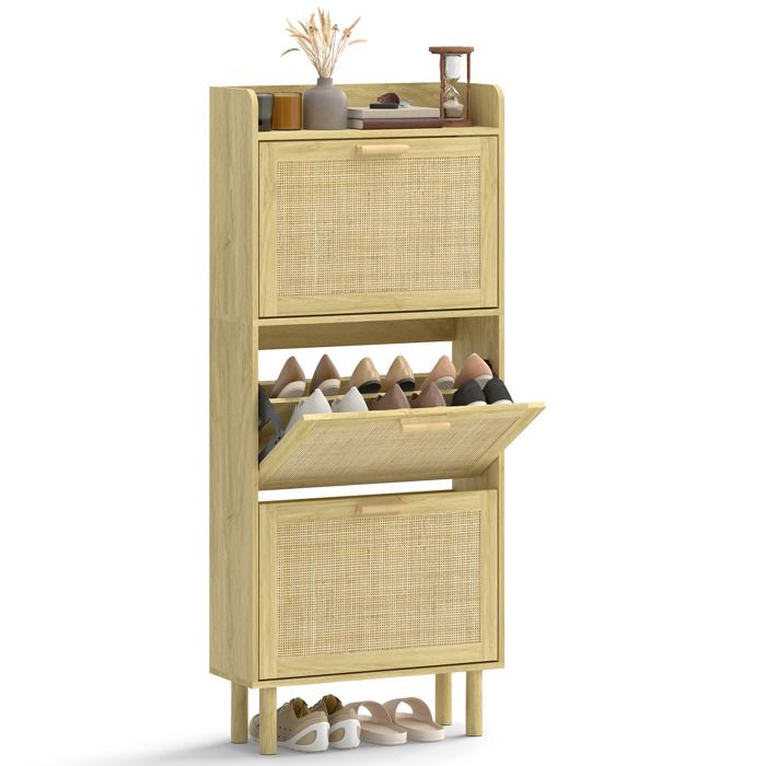 Meuble à chaussures - HOMCOM - 3 tiroirs basculants - étagères ajustables - bois - 65 x 24 5 x 153 cm - chêne