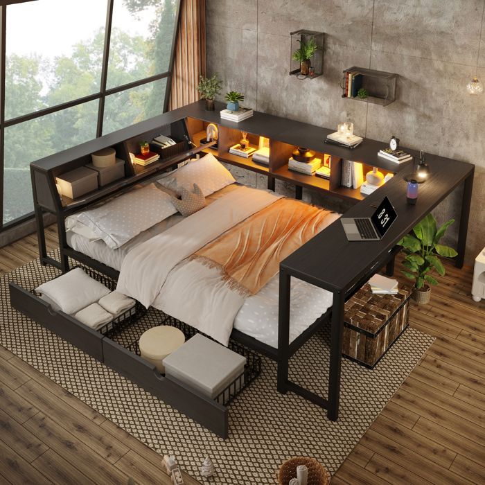 Lit métallique multifonction 140 x 200 cm équipé dune tête de lit avec rangement dune lampe LED dun bureau et de tiroirs