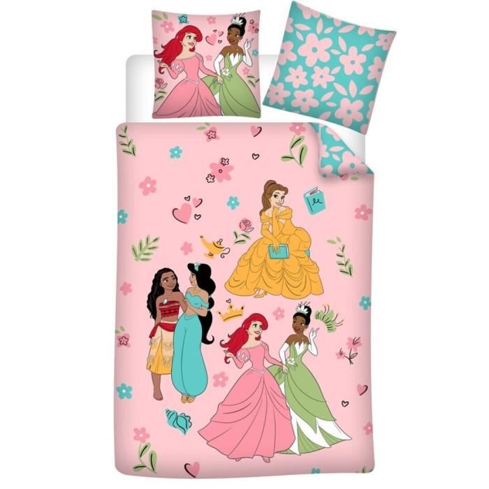Princesses Disney - Parure de Lit Enfant Coton, Housse de couette 140x200 cm, une Taie d’oreiller 65x65 cm