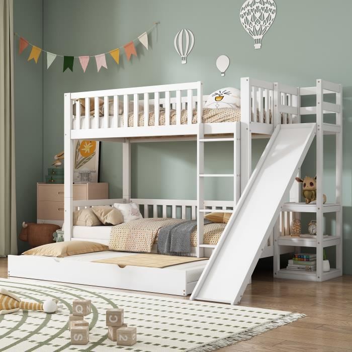 Lit superposé enfant 90x190 hêtre massif séparable avec rangements ARSENE