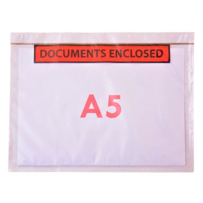 100 Pochettes Porte-documents Autocollantes - Format A5 (225x166 Mm) - Transparentes Avec Mention "documents Inclus"