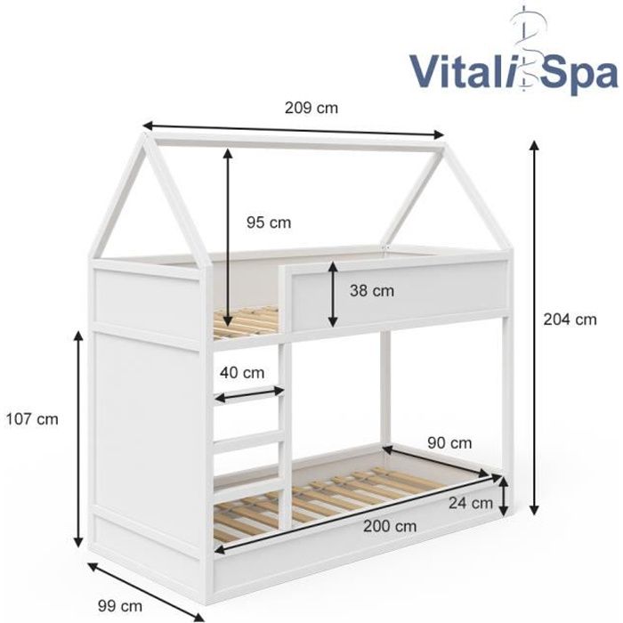 lit mezzanine enfant massimo en bois blanc - vitalispa - 90x200 cm - 2 matelas inclus