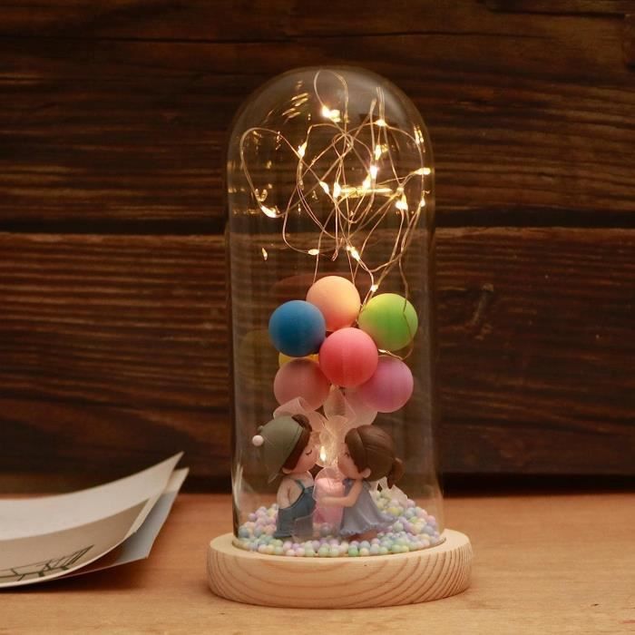 Rose Éternel,Naturelle Fleur Eternelle Sous Cloche Avec Lumière LED Pine Base Et Carte De Voeux