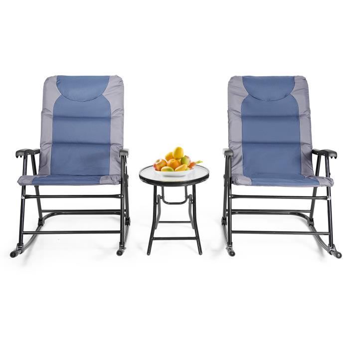COSTWAY Ensemble de Jardin 3 PCS Table Basse en Verre avec 2 Chaises Extérieures à Bascule Pliables Coussins Rembourrés Bleu COSTWAY Ensemble de Jardin 3 PCS Table Basse en Verre avec 2 Chaises Extérieures à Bascule Pliables Coussins Rembourrés Bleu
