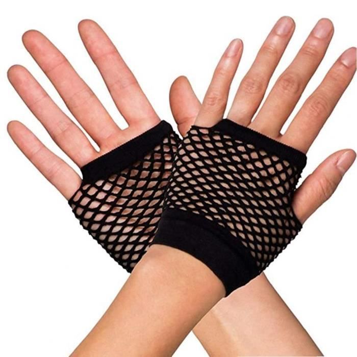Lusofie 2 Paires Gants Resille Noir Sans Doigts Pour Femmes Bordure En Dentelle Gants En Résille En Maille Pour Fête Des Année 80 Annees 90 Pour
