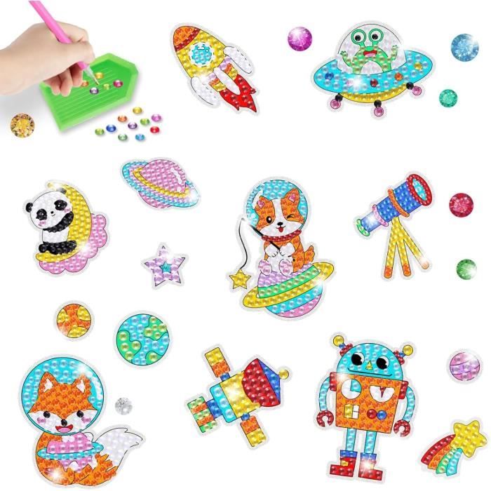 Kit Mosaïque Enfants - 10 Cartes Créatives + Autocollants Brillants + Crayons Aquarelle - Activité Manuelle 3-8 Ans - 10