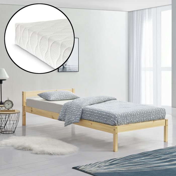 lit en pin avec matelas en mousse à froid et housse polyester avec sommier à lattes 90 x 200 cm bois naturel
