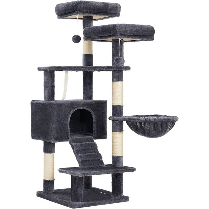 Comparer les prix de FEANDREA Arbre à chat, Hauteur de 142 cm, 2 plate-formes, 1 niche, 1 hamac, 1 pompon, Gris anthracite PCT160G01