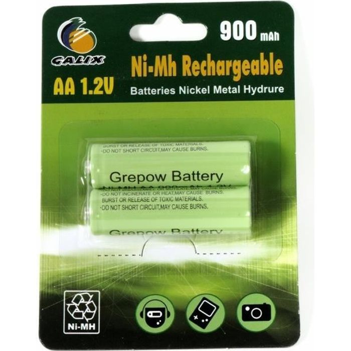 GALIX Lot de 2 piles rechargeables Ni-Mh LR06/AA - 1,2 Volts - 900 mAh