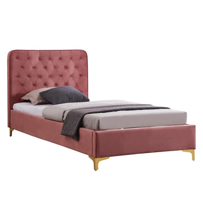 lit simple glamour couchage 90x190 cm, avec sommier et pieds en métal doré, style baroque, revêtement en velours capitonné rose