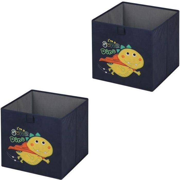 lot de 2 boites de rangement en tissu bleu dino, cube de rangement pour enfant dim 32 x 32 x 32 cm, décor dinosaure super-héros