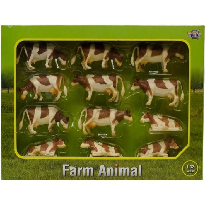 Ensemble de vaches jouet - KIDS GLOBE - 12pcs - Taille 1:32 - Plastique - Brun et blanc